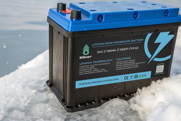 Lithium iron phosphate battery on ice. Ideal for camper van, boat, solar systems. 24V 100Ah deep cycle battery for reliable energy storage solutions.